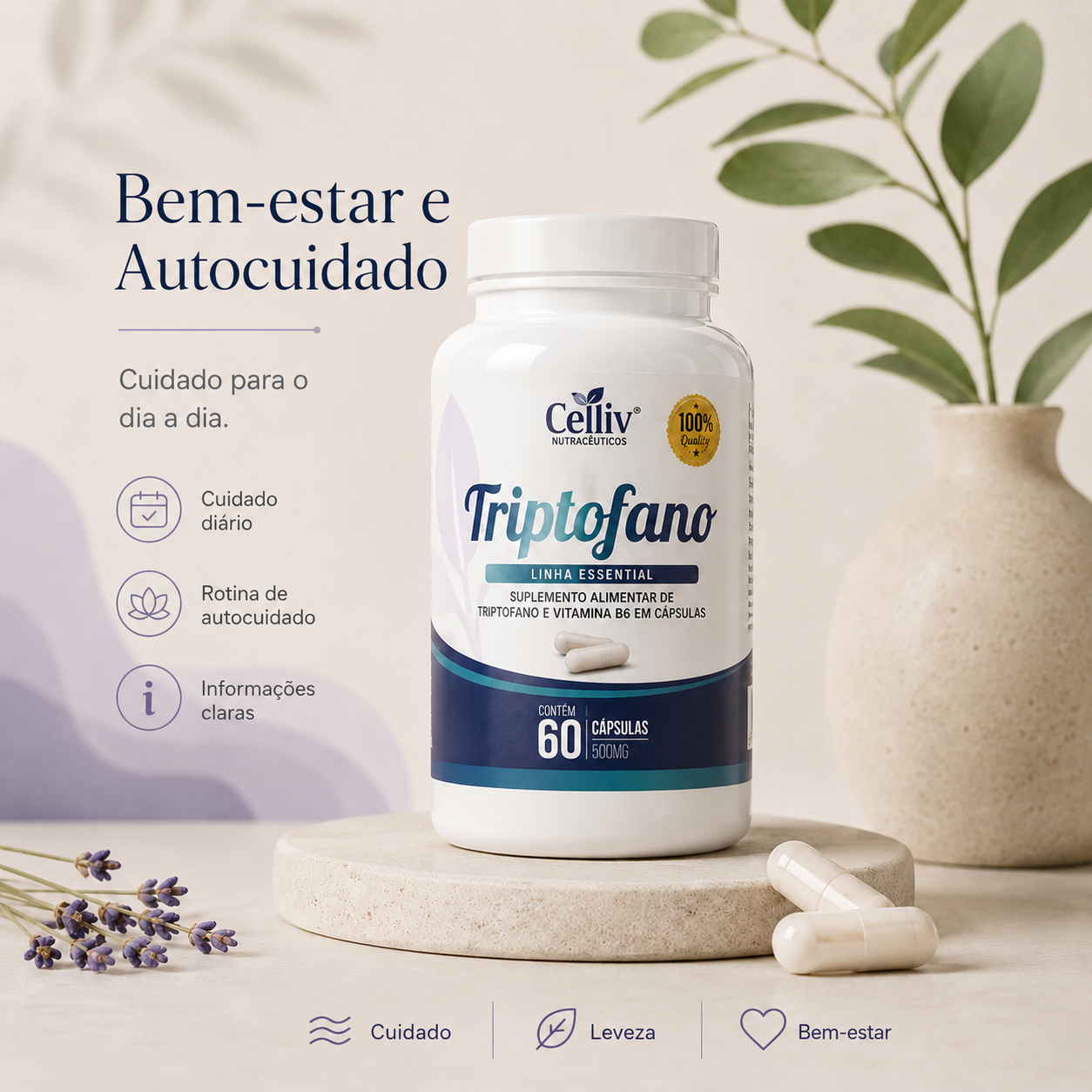 Suplemento alimentar Triptofano + Vitamina B6 na coleção Bem-estar e Autocuidado da Brisa Serena.