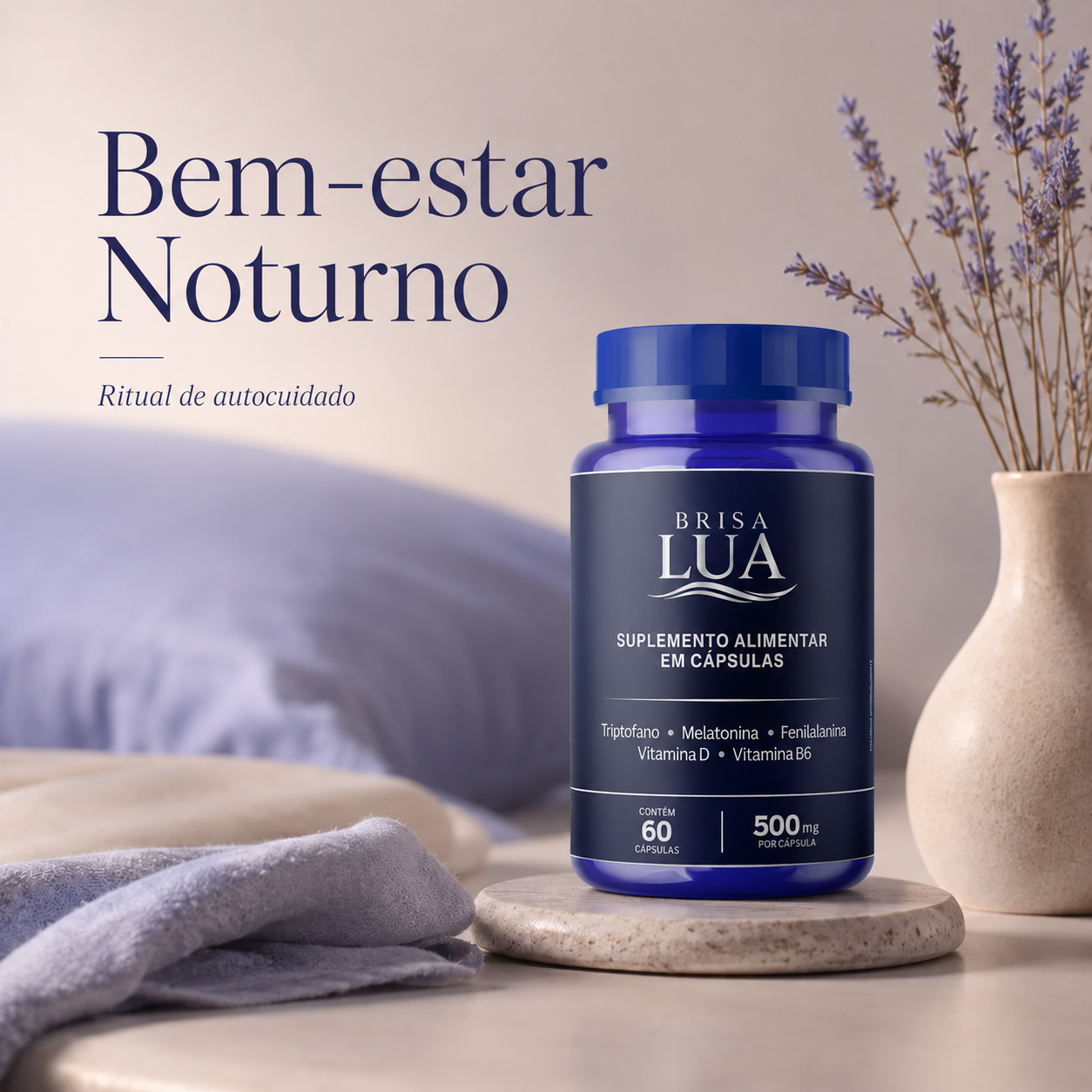 Suplemento alimentar Brisa Lua na coleção Bem-estar Noturno da Brisa Serena.