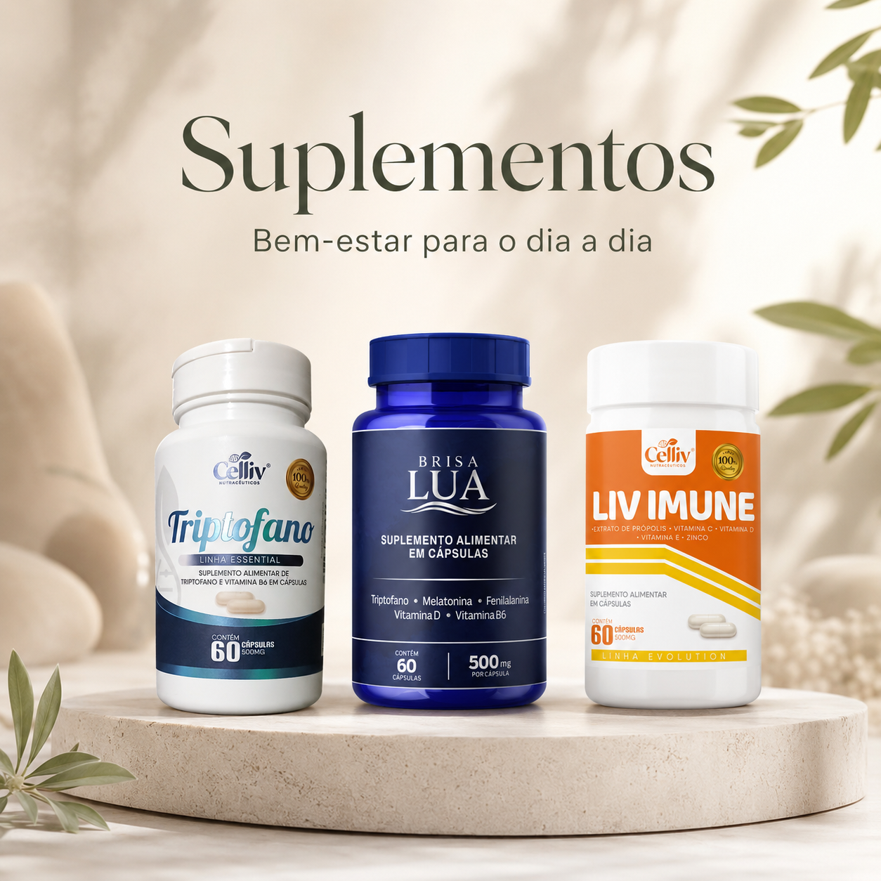 Coleção de suplementos alimentares Brisa Serena com produtos selecionados para cuidado diário, bem-estar e autocuidado