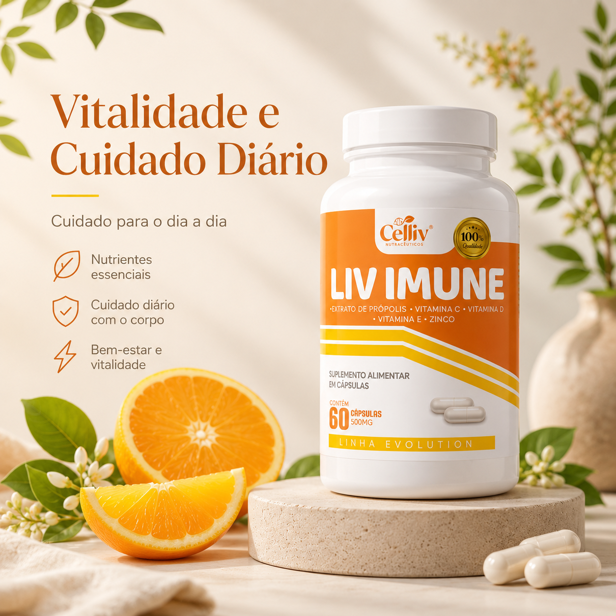 Suplemento alimentar Liv Imune na coleção Vitalidade e Cuidado Diário da Brisa Serena.