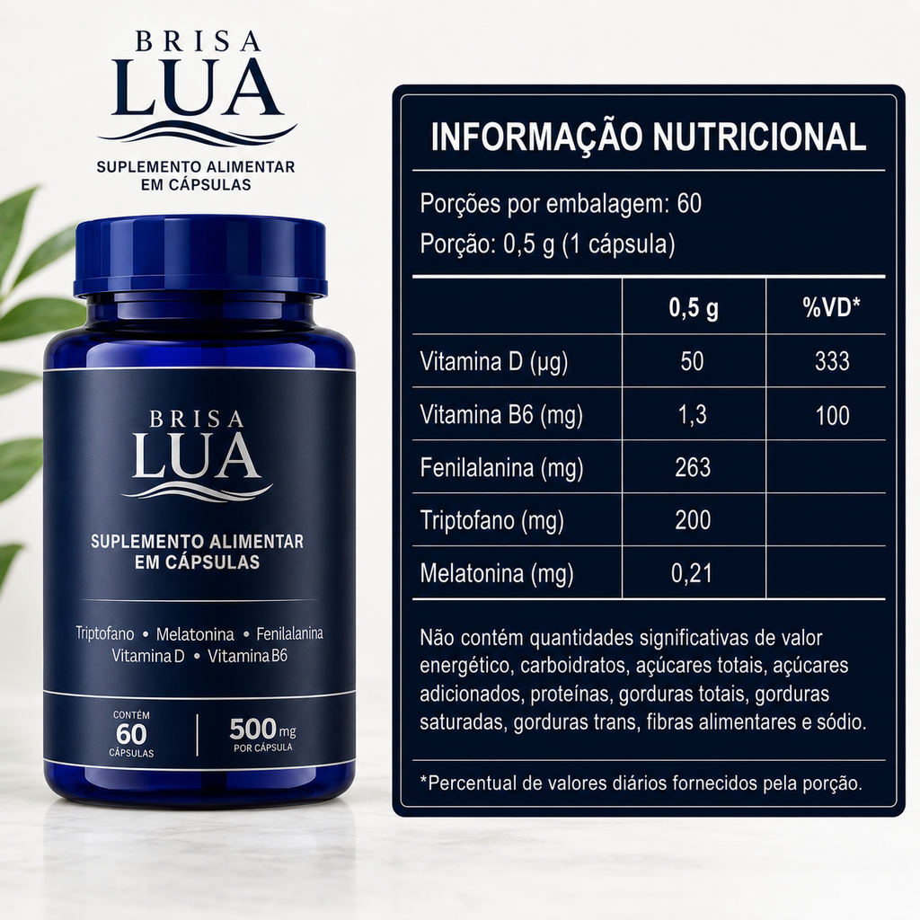 Informação nutricional do Brisa Lua, suplemento alimentar em cápsulas com triptofano, melatonina, fenilalanina, vitamina D e vitamina B6