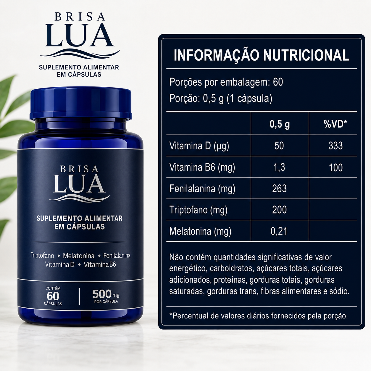 Informação nutricional do Brisa Lua, suplemento alimentar em cápsulas com triptofano, melatonina, fenilalanina, vitamina D e vitamina B6