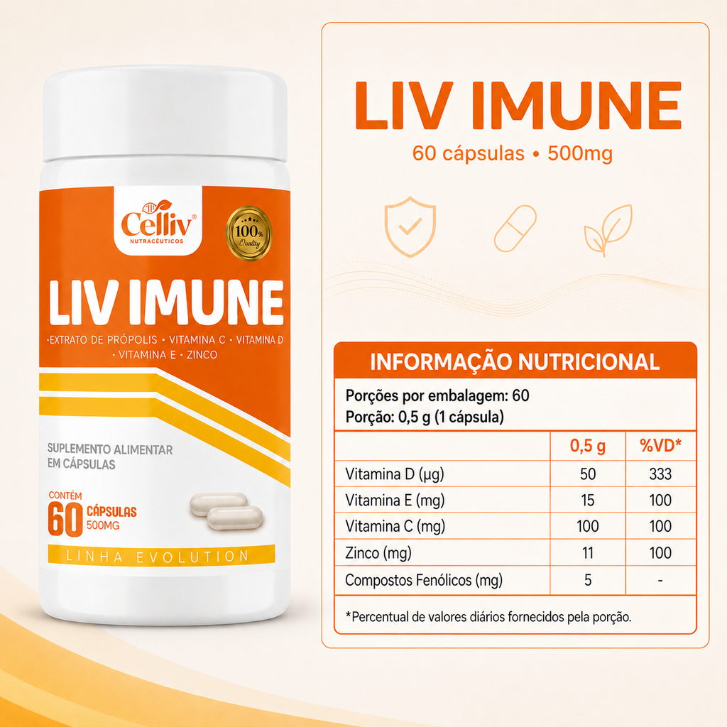 Informação nutricional do Liv Imune Celliv, suplemento alimentar em cápsulas com vitamina C, vitamina D, vitamina E, zinco e compostos fenólicos