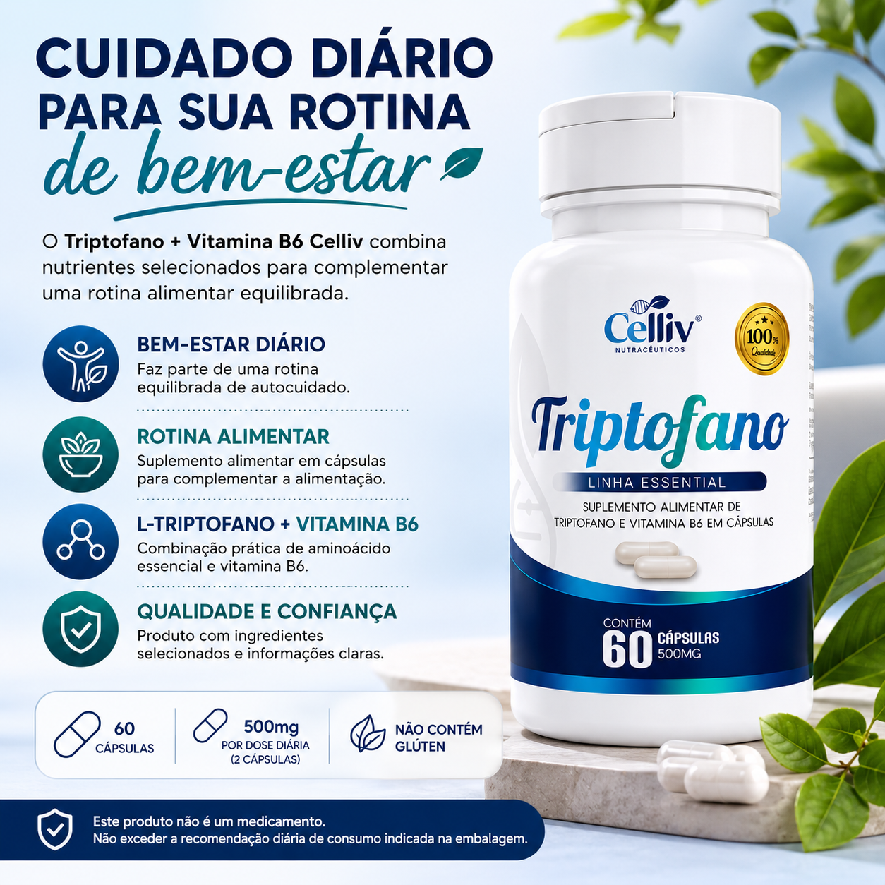 Triptofano + Vitamina B6 Celliv para rotina de bem-estar