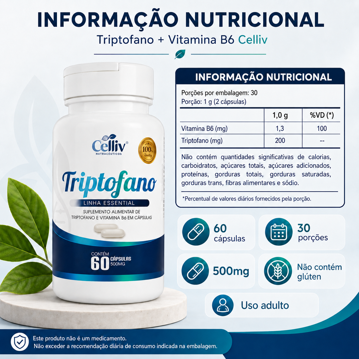 Tabela nutricional Triptofano + Vitamina B6 Celliv